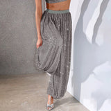 Bonnyshow  Street Sequin Pants Women Elastic Low Waist Jogger Pants Trousers Female 2025 Summer Autumn Lady Shiny Party Club Clothes
