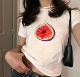 Bonnyshow  New Women T-Shirt Y2k Crop Tops Fig Print Graphic Summer Korean Fashion Harajuku Streetwear Short Sleeve Sweet Slim Tees EMO