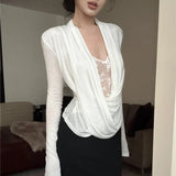 Bonnyshow Korean Lace Splicing See-through White Long-sleeved T-shirt Women 2025 Spring New Streetwear Pleated Sexy Slim All Match Tops