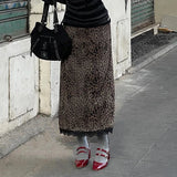 Bonnyshow Leopard Print Maxi Skirts Women Fashion Mesh High Waist Slim A-line Skirt Autumn Winter Lace Patchwork Vintage Y2K Skirt 2024