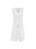 Bonnyshow Summer Women's  V-neck Vest Shorts Two-Piece Set Fashionable Chic White Base Style Loose Shorts Suits Versatile