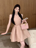 Bonnyshow  French Elegant Bow Sweet Slimming Sleeveless Black Birthday Dress for Women Summer Waist Cinched A-line Mini Dress for Women