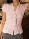 Bonnyshow  Fashion Sweet Ruched Slim Fit Women Shirts Chic Solid Summer Cute All-Match Causal Blouses Simple