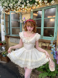 Bonnyshow  Summer New Fresh High Waist Bow Slimming Lace Small Fly Sleeve Party Dresses Original Sweet Girl Vacation Short Dress