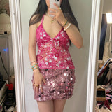 Bonnyshow  Sexy Sequin Embroidery Halter Top Women Delicate Floral Pattern Exquisite Mesh Tanks Female 2025 Summer Beach Vacation Lady Vest