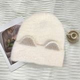 Bonnyshow Cute Cat Ears Beanie Hats for Women Autumn Winter Warm Plush Knitted Cap Cartoon Thick Faux Fur Female Cycling Hats