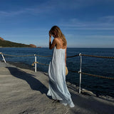 Bonnyshow  Summer Chic Pleated Long Dresses Women Elegant Loose V Neck Sleeveless High Waist Female Robes Solid Backless Lady Beachwear