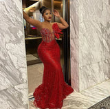 Bonnyshow Couture Luxury Red Beaded Lace African Long Maxi Dresses Floral Beaded One Shoulder Mermaid Aso Ebi Formal Party Dress