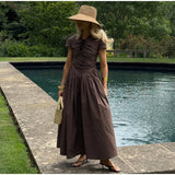 Bonnyshow  Solid Pleated Short Sleeve Women Dress Minimalist Waist Loose Skirt 2025 Summer Casual Female Vestido Daily Commuting Lady Robe