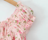 Bonnyshow  Sweet Women Pink Floral Print Mini Dress Sexy Off Shoulder Short Sleeve Elastic Waist Holiday Party Dress Summer Robe