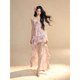Bonnyshow  French Style Floral Printed Strap Camisole Dress for Women Summer Waist Slimming Chic Spicy Girl Ruffle Irregular Short Dress