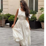 Bonnyshow  Bohemian Style Bow O Neck White Midi Dress Women Front Lace Up Bandage Sleeveless Casual Summer Dresses Holiday Robe