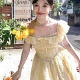 Bonnyshow  Spring New Sweet Girl Super Fairy Fresh Sweet Cute Slimming Cake Dress Bubble Sleeve Chic Yellow A-line Mini Dress for Women