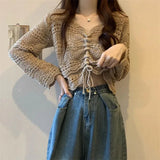 Bonnyshow  Korean Chic Knit Hollow Out Pullovers Women Drawstring Lace Up V Neck Top Spring Summer Baggy Long Sleeves All-Match Crop Jumper