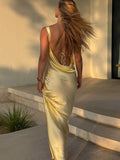 Bonnyshow  Sexy Backless Off Shoulder Lace-up Yellow Satin Dress Women Fashion Sleeveless Bodycon Midi Dresses Summer New Beach Party Robe
