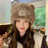 Bonnyshow Cute Bear Beanie Cap for Women Winter Warm Thick Knitted Plush Hat Korean Cartoon Female Ear-Protection Hats