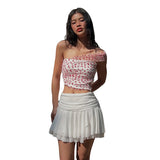 Bonnyshow  Patchwork 2-Piece Set Women Folds Love Print Single Shoulder Sleeve Tops+Solid Multilayer Mesh Skirts Slim Matching Suit