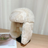 Bonnyshow Fluffy Fur Ear Protection Hat for Women Winter Anti-cold Russian Bomber Hats Outdoor Warm Thicken Plush Lady Lei Feng Caps