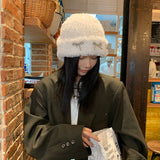 Bonnyshow Korean Bow Plush Beanies for Women Winter Thicken Warm Pullover Hat Y2K Solid Color Anti-Cold Female Ear Protection Hats