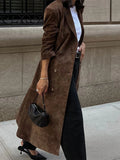 Bonnyshow Solid Color Casual Long Women's Coat Turndown Collar Vintage Brown Jacket Fashion New Double Breasted Coats Loose Outerwears