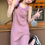 Bonnyshow  Striped Vest Knit Dress Women Elegant Solid Knitted Backless Slim Long Dress Sexy Sleeveless Dresses Summer Lady Party