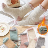 Bonnyshow Coral Fleece Socks for Women Winter Thicken Plush Middle Tube Sock Female Lady Fluffy Home Floor Socks Sox﻿