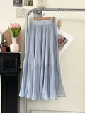 Bonnyshow  French Elegance Women Midi Skirts Y2K Summer Streetwear Patchwork A Line Pleated Skirts High Waist Loose All-Match Long Skirts