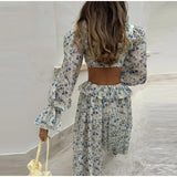 Bonnyshow  Printed Flare Sleeve Women 's Pant Set Square Collar Bandage Lace Up Crop Top High Waist Jogger Pants Female Sets Lady Outfits