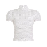 Bonnyshow  Shirred Slim Waist Top Summer Sexy Translucent Turtleneck Mesh T-shirt Polka Dot Printed Short Sleeve Tops Streetwear