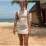 Bonnyshow  Print Sleeveless Short Dress Woman Patchwork Round Neck Solid Slim A-line Dresses Fashion Summer Vacation Beach Women's Vestidos