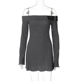 Bonnyshow Knitted Spliced Belt Mini Dress Women Off Shoulder Long Sleeve Solid Slim Short Dress Autumn/Winter Hottie Streetwear