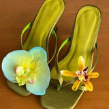 Bonnyshow  Flowers Decor Women's Flip Flops Summer Elegant Party Wedding Thin Heels Sandals Casual Streewear Satin Ladies Shoes New 2025