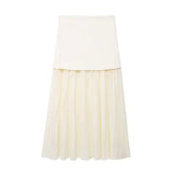 Bonnyshow  Fashion Pleated  Spliced Long Skirt Suits Women Knitted Chic Button V Neck Lady Vest Set High Waist Zipper Skirt Summer Set
