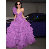 Bonnyshow Eye Catching Violet Long Evening Dresses With Ruffles Trim And Flower Details One Shoulder A-line Formal Party Dress