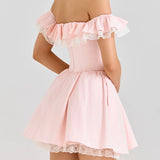 Bonnyshow  Sexy Off Shoulder Elegant Pink Party Mini Dresses For Women Lace Spliced Bow Ball Gown Summer Dress Birthday Robe