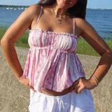 Bonnyshow  Women Y2k Peplum Tank Top Boho Beach Spaghetti Strap Camisole Aesthetic Frill Trim Shirts Graphic Print Crop Tops