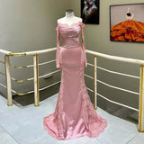 Bonnyshow Real Image Blush Pink Satin Mermaid Evening Dresses With Lace Decoration See Thru Lace Sleeves Modest Long Formal Dress