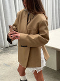 Bonnyshow Turndown Collar Off-center Button Women Coats Fashion Vintage Coat Solid Color Loose Casual Women‘s Coat Side Slit Outerwears