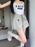 Bonnyshow  Design Sense Double Pocket Shorts Women'S Solid Spliced Button Pocket Drawstring Loose Casual High-Waist Wide Leg Trousers