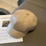 Bonnyshow Vintage PU Leather Beret Hat Women Autumn Winter Warm Octagonal Cap Elegant Solid Color Female Lady Painters Caps