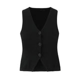 Bonnyshow  Casual Knitted Solid V-neck Vest Women Versatile Sleeveless Single Breasted Vest Cardigan Female Fashion Simple Basic Knitwear