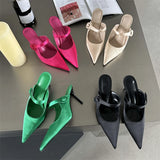 Bonnyshow  Satin Button Pointed Toe Mules Pumps Women Slipper Fashion Shallow Thin High Heels Ladies Shoes