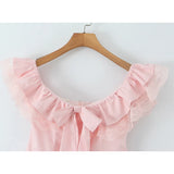 Bonnyshow  Sexy Off Shoulder Elegant Pink Party Mini Dresses For Women Lace Spliced Bow Ball Gown Summer Dress Birthday Robe