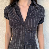 Bonnyshow American Striped Print Single Breasted Blouses 2024 Sumemr New Lapel Neck Shirts Women Y2k Slim Fit Short Sleeve Blusas Mujer