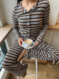 Bonnyshow  Casual Striped Cardigan Long Pant Woman's Set Fashion Loose O-neck Full Sleeve Tops Drawstring Pants Sets Lady Chic Home Outfits