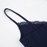 Bonnyshow  Fashion Lace Patchwork Sexy Basic Camisole Backless Solid Streetwear Slim Deep V-neck Chic Top 90s Elastic Clothes