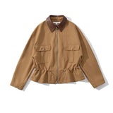 Bonnyshow  Women Batwing Sleeve Waist Cinched Autumn Jacket Front Zipper Lapel Collar Casual Streetwear Coat