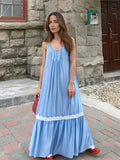 Bonnyshow  Chic Blue Patchwork A-line Long Dress Elegant Sleeveless Off Shoulder Loose Dresses For Women 2025 Summer Vacation Beach Gowns