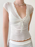 Bonnyshow  V-neck Lace Patchwork Transparent Tees White Summer Mesh Sexy Bandage Chic T-shirt Hottie Slim Solid Retro Tops