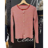 Bonnyshow  Sweet Red Striped Slim Long Sleeve T-shirt Women Preppy Style O-neck Single Breasted Cotton Tee Shirts Cute Basic Simple Top New